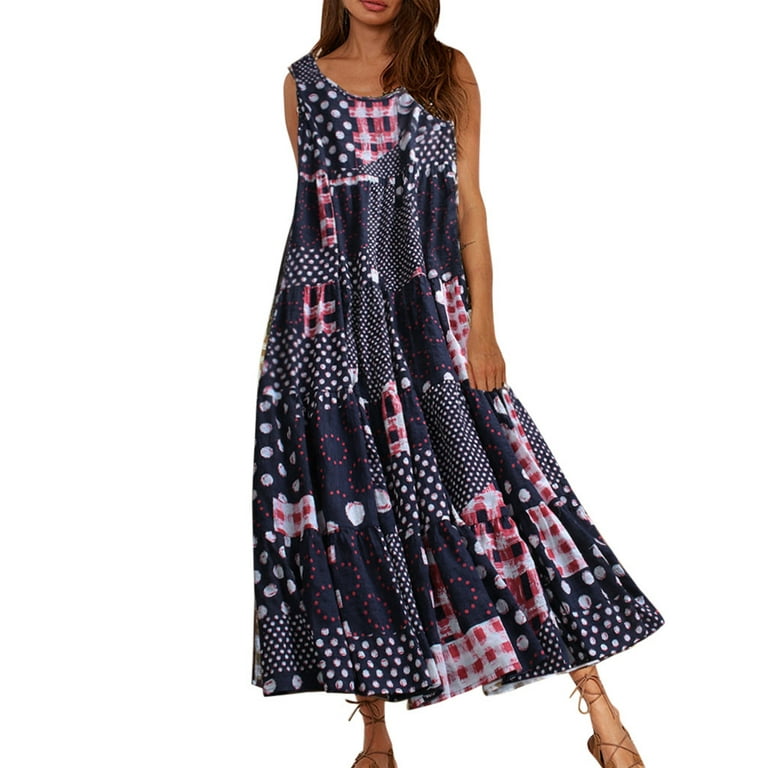 JDEFEG Dresses for Womens Summer Neck Sleeveless Plus Print Size Women Maxi  Dot O Dress Summer Casual Vintage Women's Dress Sack Dress Cotton Linen  Navy L 