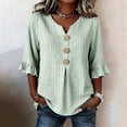 thumbnail image 2 of GILIGEGE Womens Tops Dressy Casual 3/4 Ruffle Sleeve Henley Shirts for Women Decorative Button Front Loose Fit Casual Work Tops Summer Vacation Outfits Fashion Boho Stripe Shirts Print Tops Green, 2 of 5