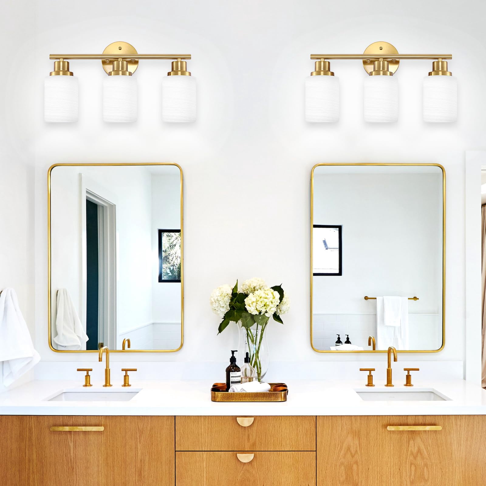 3-light Bathroom Light Fixtures  Vanity Lights For Mirror With Textured Milky White Glass Shade Modern Kitchen Wall Sconce - E26 Base Brushed Gold