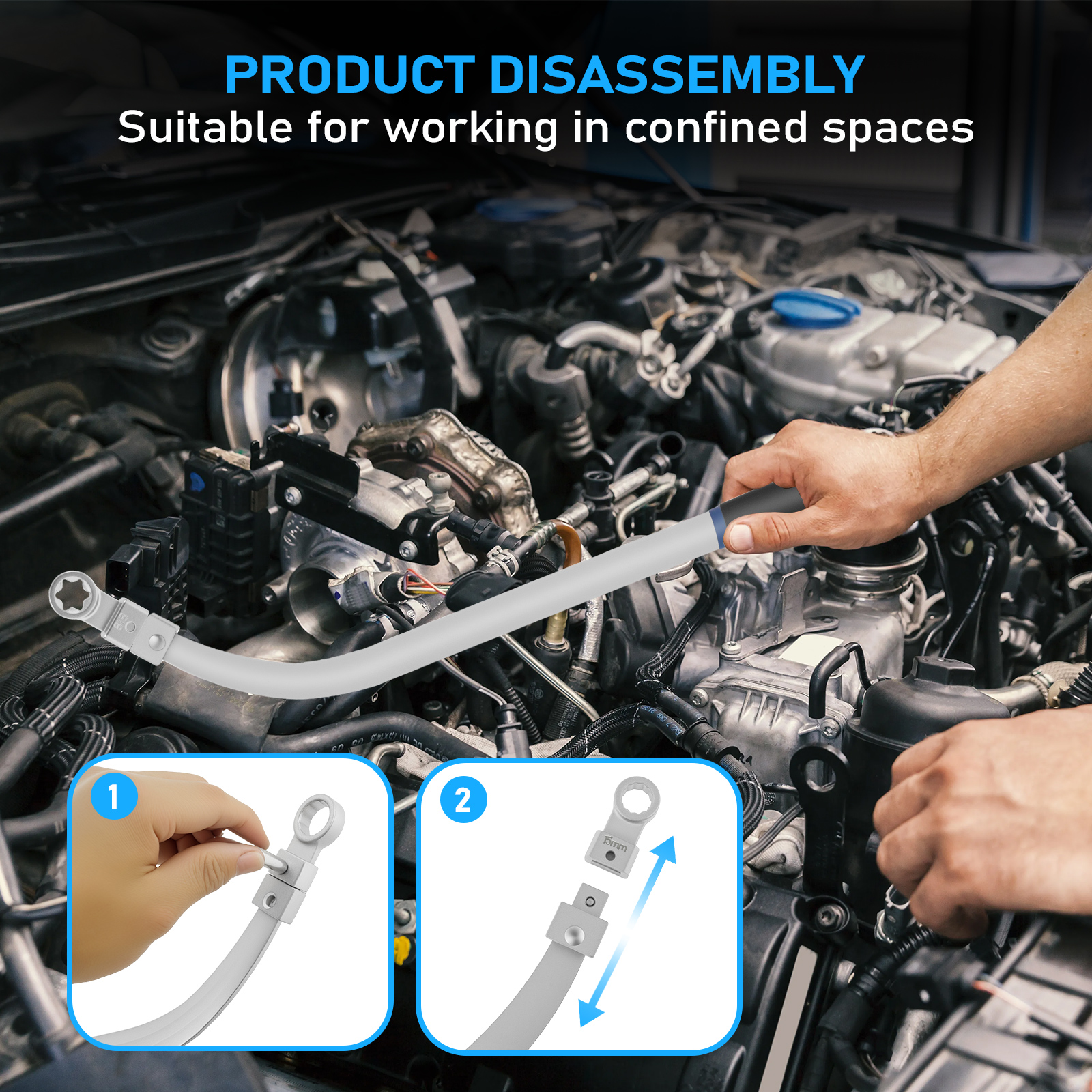 15Pcs Universal Auxiliary Idler Adjustment Wrench with Hex and Dodecagonal Adapters Kit (0.47"-0.74") Serpentine Belt Tension Pulley Wrench Set for Mechanical Repairs
