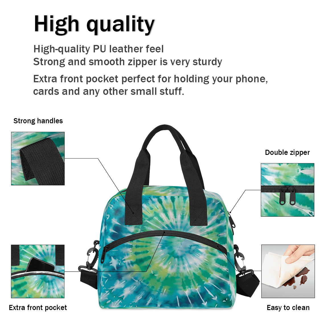 Herdesigns Tie Dye Blue Green Insulated Lunch Bag for Women Men Adults Large Reusable Lunch Box Leakproof Portable Cooler Tote Bags with Adjustable Shoulder Strap