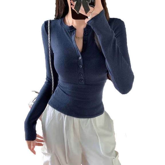 Byworldtasic Women's Ribbed Henley Shirt Long Sleeve Top Slim Fit Stretch Knit Button Crew Neck Blouse