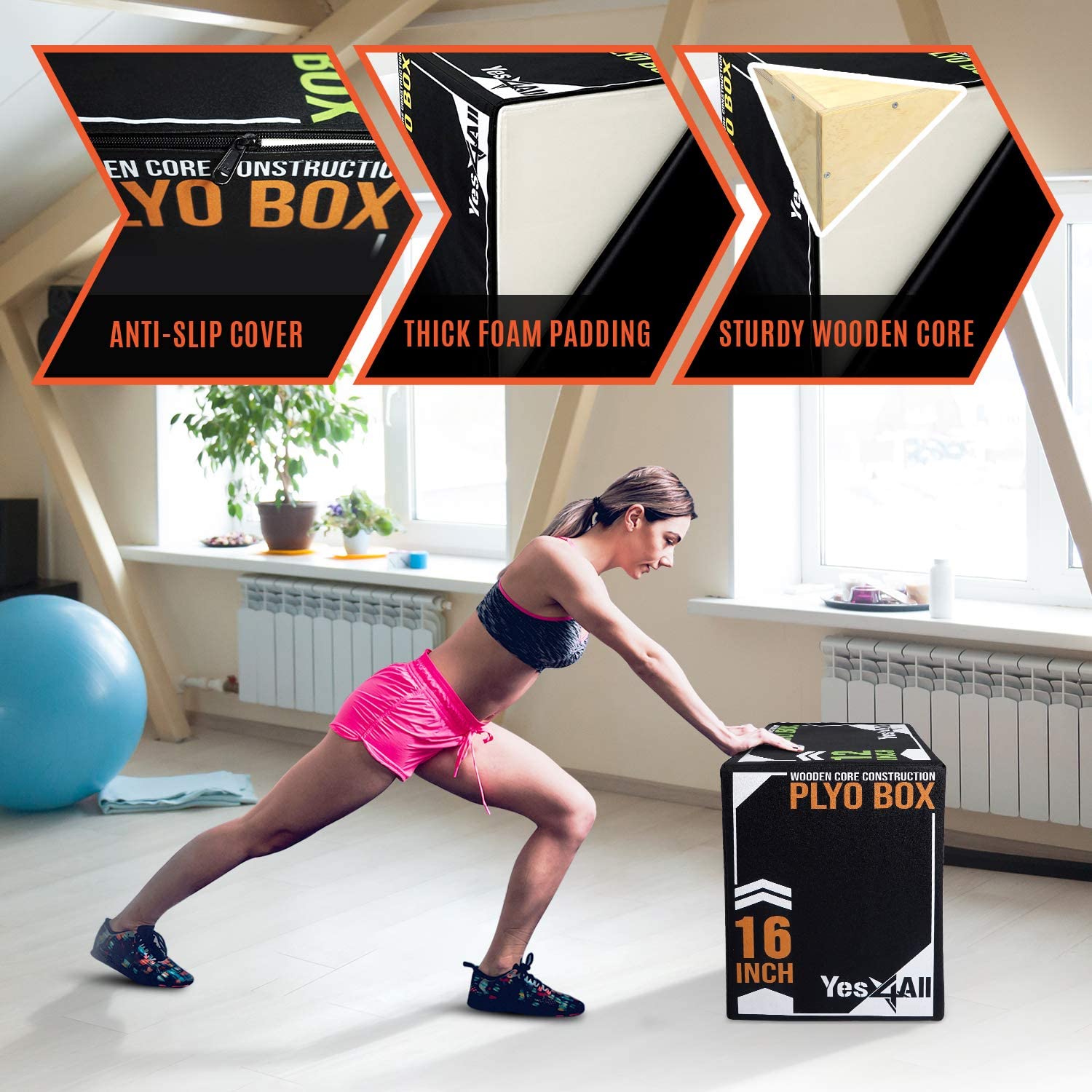 Yes4All 3-in-1 16"x14"x12" Soft Plyo Box Wooden Core, Foam for Jumping Exercise, Crossfit, Black - image 3 of 7
