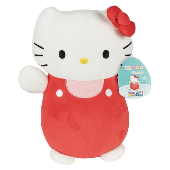 Squishmallows Original Sanrio 10-Inch Hello Kitty in Red and Pink Overalls Valentine's Day HugMees - Medium-Sized Ultrasoft Official Jazwares Plush - Gift for Kids, Girls & Boys