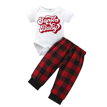 

Christmas Baby Boys Girls Outfits Short Sleeve Romper Elastic Waist Plaid Pants Newborn Infant Clothes Set