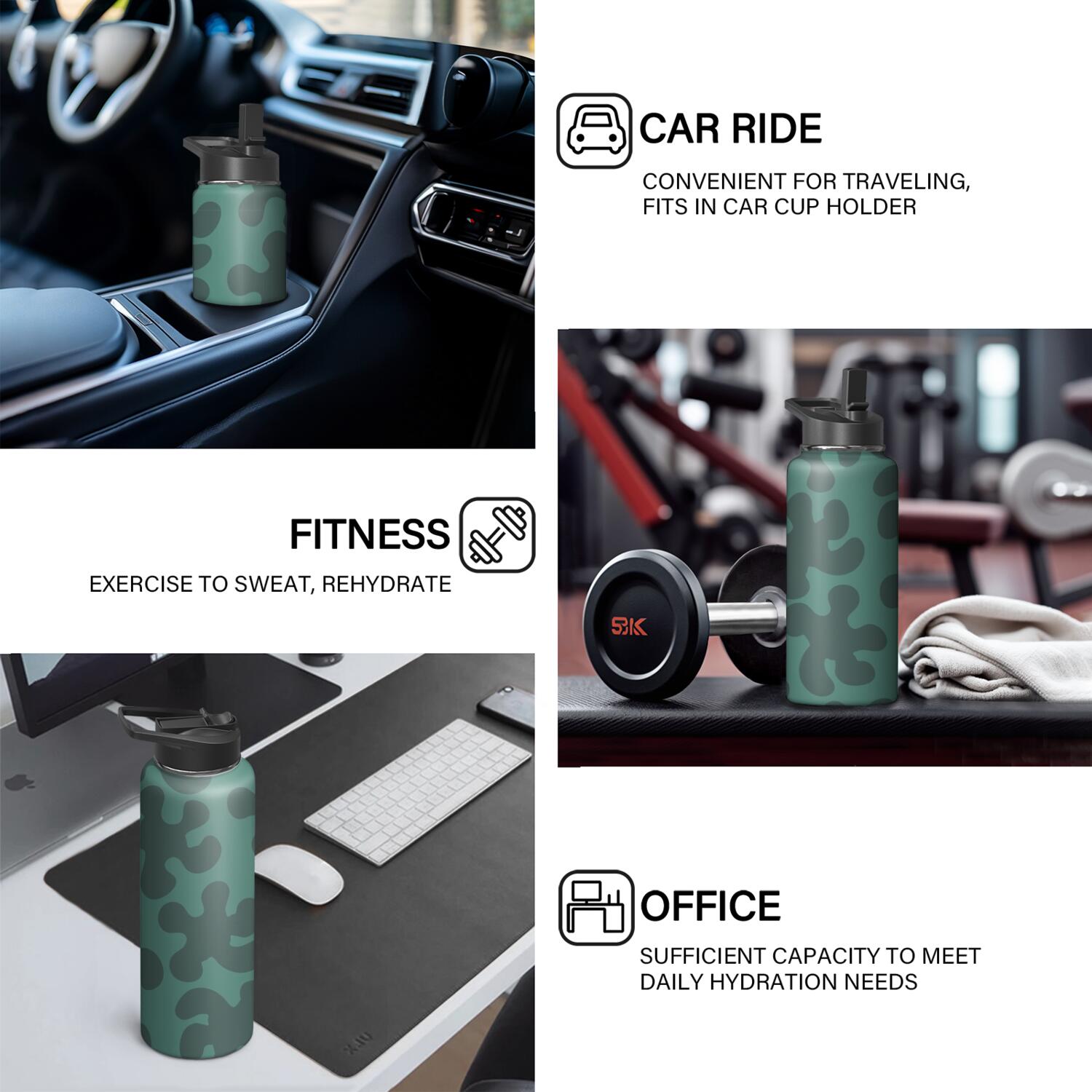 Camouflage Insulated Stainless Steel Water Bottle with Straw & Cleaning Brush – 18/32/40 Oz | Leakproof, BPA-Free, 304 Stainless Steel, Wide Mouth, Travel Mug for Car, Gym, Office