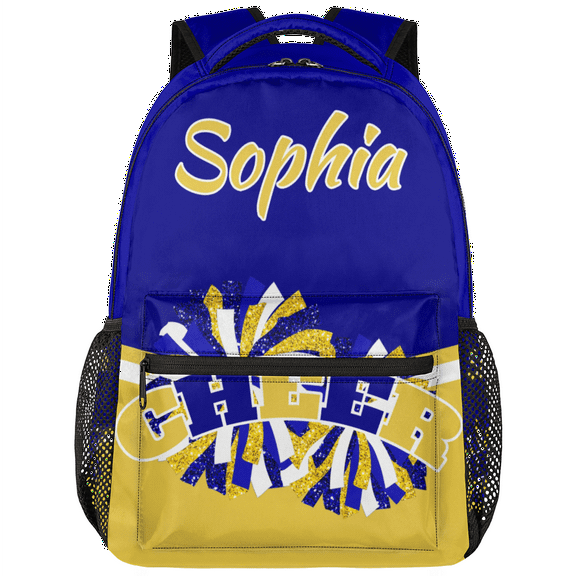 Jiaoprinted Custom Blue Gold Cheer Backpack, Personalized Cheerleader Backpack Bag Coach Casual Travel Daypack for Cheer Team Gift