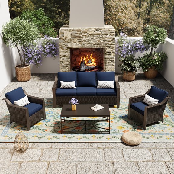 Outdoor Conversation set, 4PC, Three-seat Sofa, Two Chairs and One Table, PE Woven Wicker, Blue