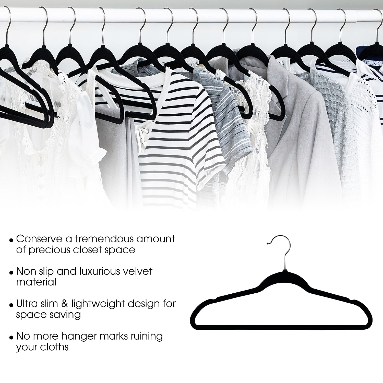 Elama Non Slip Velvet Clothing Hangers, 30 Pack, Black