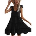 thumbnail image 3 of Txlixc, vestido informal de verano para mujer, vestido acampanado de Color sólido sin mangas con cuello en V y volantes, vestido plisado para fiesta en la playa, ropa de calle Txlixc  Estilo de ocio, 3 of 8