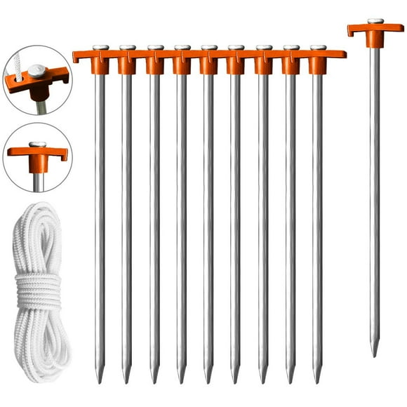 Eurmax USA Galvanized Non-Rust Camping Family Tent Pop Up Tent Stakes Ice Tools Heavy Duty 10pc-Pack, with 4x10ft Ropes & 1 Stopper, Orange