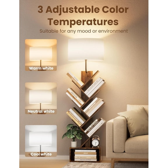 Rustic Brown 6-Tier Tree Bookshelf with Light – Small Corner Floor Standing Bookcase with Storage Cabinet, Organizer for Bedroom, Living Room & Home Office