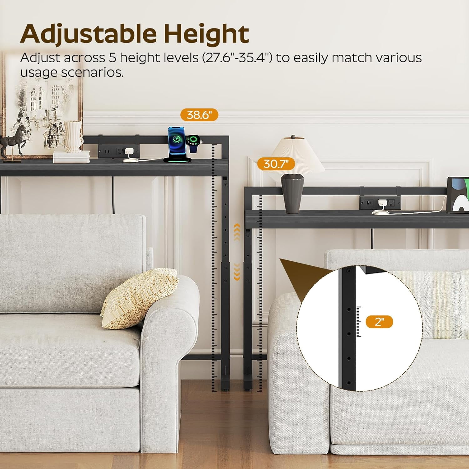 78.7'' Narrow Console Table Adjustable Height 27.6''-35.4'' with Outlet, Long Behind Couch Sofa Table Entryway Table Living Room Rustic Brown