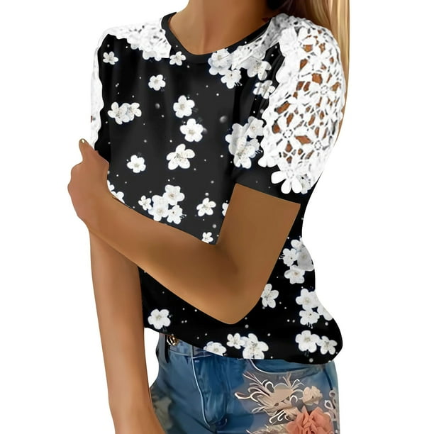 Gibobby Casual Playera de Manga Corta para Mujer Camiseta con estampado Floral manga corta para mujer verano, camisetas gráficas informales con Panel encaje y cuell(Blanco,M)