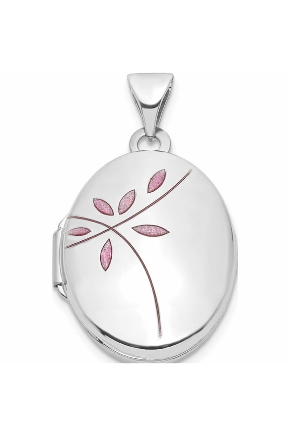 14K White Gold Enamel Leaves 19mm Oval Locket (26.4 X 15.3) Made In China -Jewelry By Sweet Pea