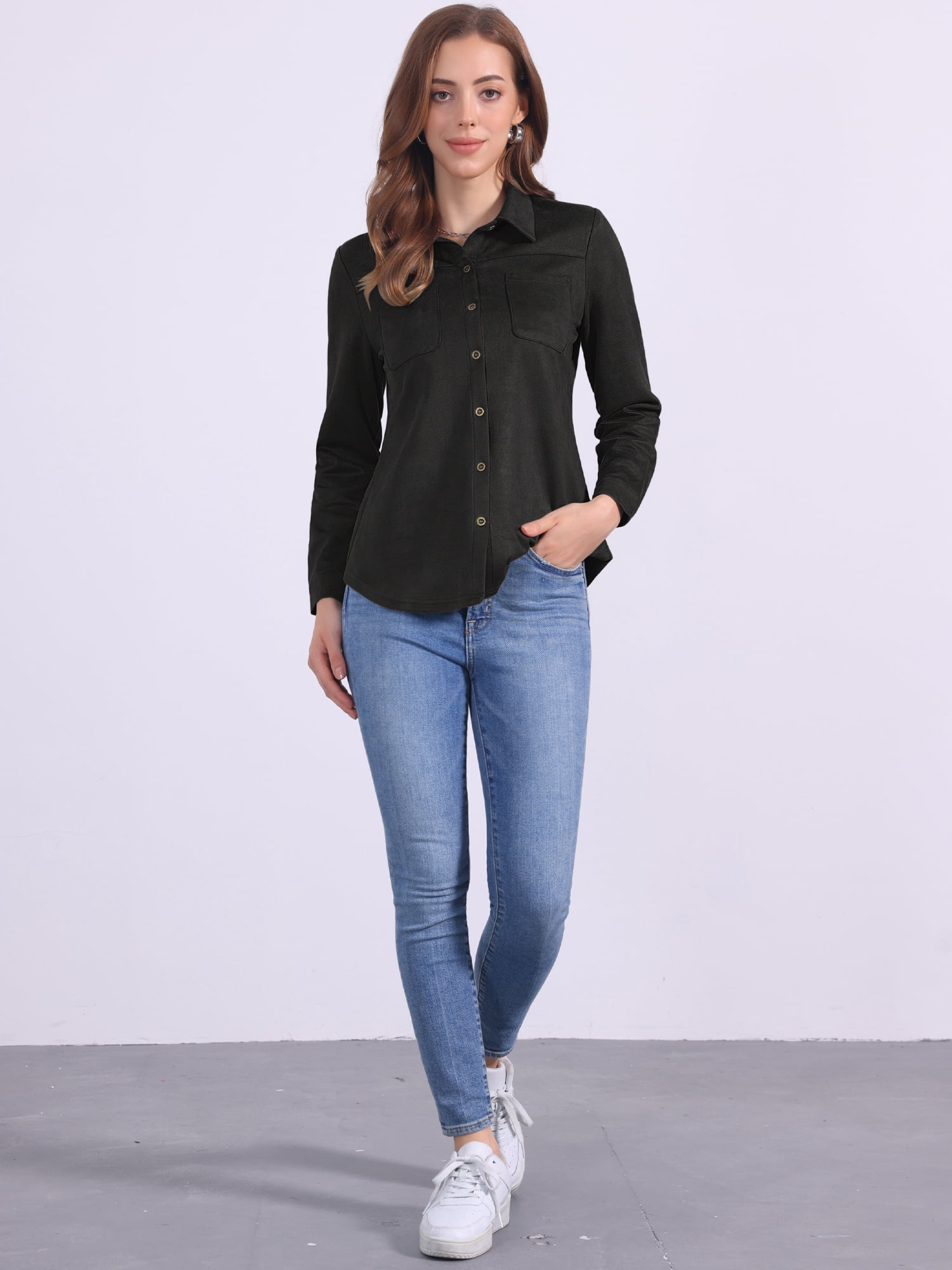 DARING DIVA Women's Button Down Long Sleeve Blouse Casual Spring Fall M Black