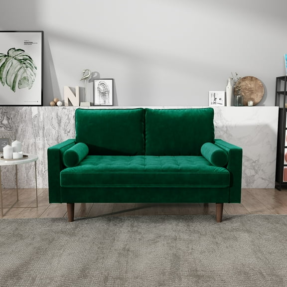 Velvet Loveseat Living Room Sofa, Small Space Seating, Modern Design, Green Finish