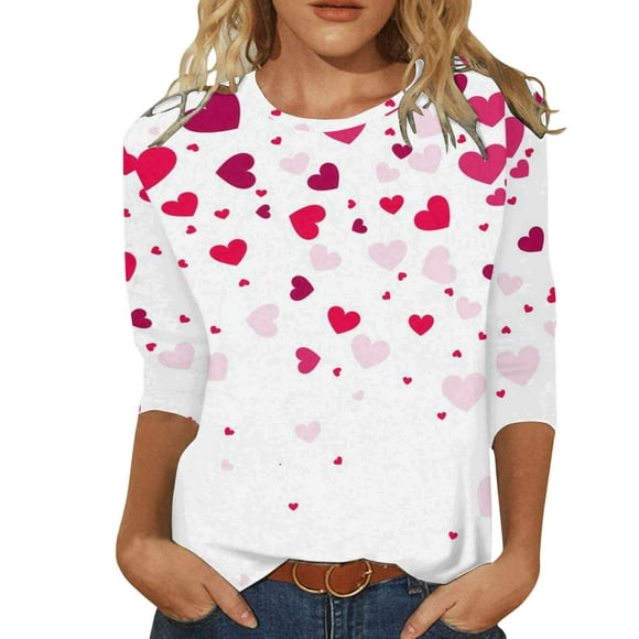 Clearance Sale!! Valentines Day Shirts for Women 3/4 Length Sleeve Basic Lovely Heart Print Crew Neck T Shirt Plus Size Stretchy Tees Holidy Valentines Day Gifts for Her K + Xxl