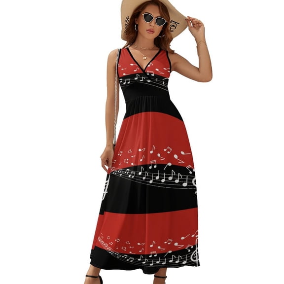 Musical Notes Red And Black Background Sleeveless Dress Dresses Women Summer Evening Dresses Ladies Bohemia Long Dresses