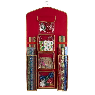 Simplify 8 Compartment Hanging Holiday Gift Wrap Organizer in Red Polyester