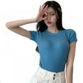 thumbnail image 2 of Women's Spring/Summer O Neck Solid Short Sleeve Tee T-Shirt Knitted Sexy Slim Pullover T-Shirt, 2 of 6