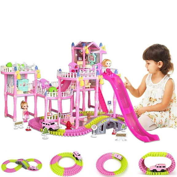 3-Story Play Dollhouse with Doll for Girls, Cuopluber 5 Rooms Play House with Furniture, Doll, Light, Buggy, Car Track, 412Pcs Creative Doll House Playset Gift Toys for Kids Ages 3 