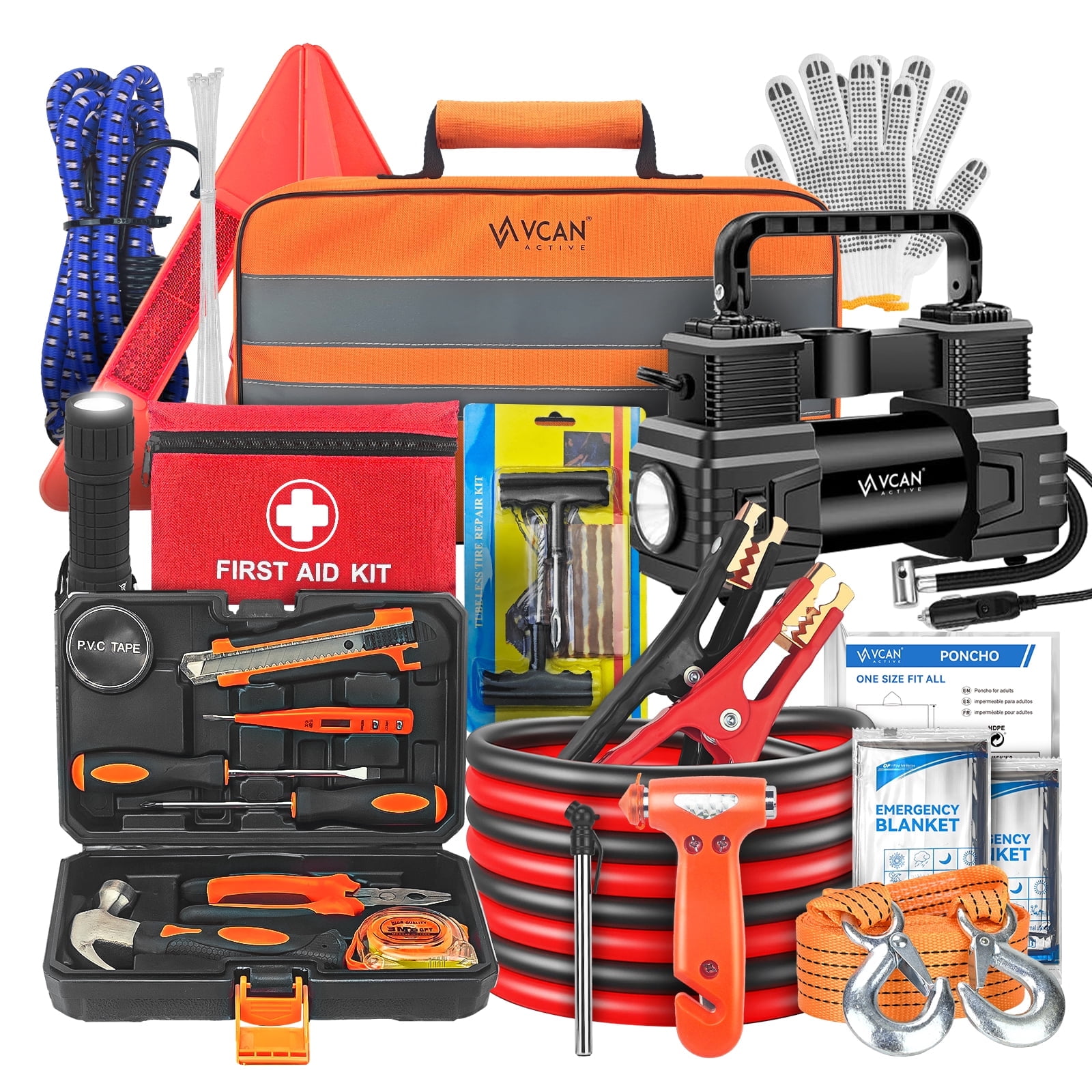 112PCS Comprehensive Car Emergency Kit with Jumper Cables, Portable Air Compressor & First Aid Kit