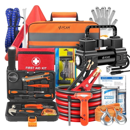 112PCS Comprehensive Car Emergency Kit with Jumper Cables, Portable Air Compressor & First Aid Kit