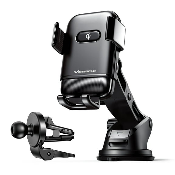 Sandfield 15W Auto-Positioning Qi AIF4 Wireless Charging Car Holder with Telescopic Mount and Air Vent Clamp - Compatible with Qi Enabled iPhone and Android Models, Black (SVM-101)