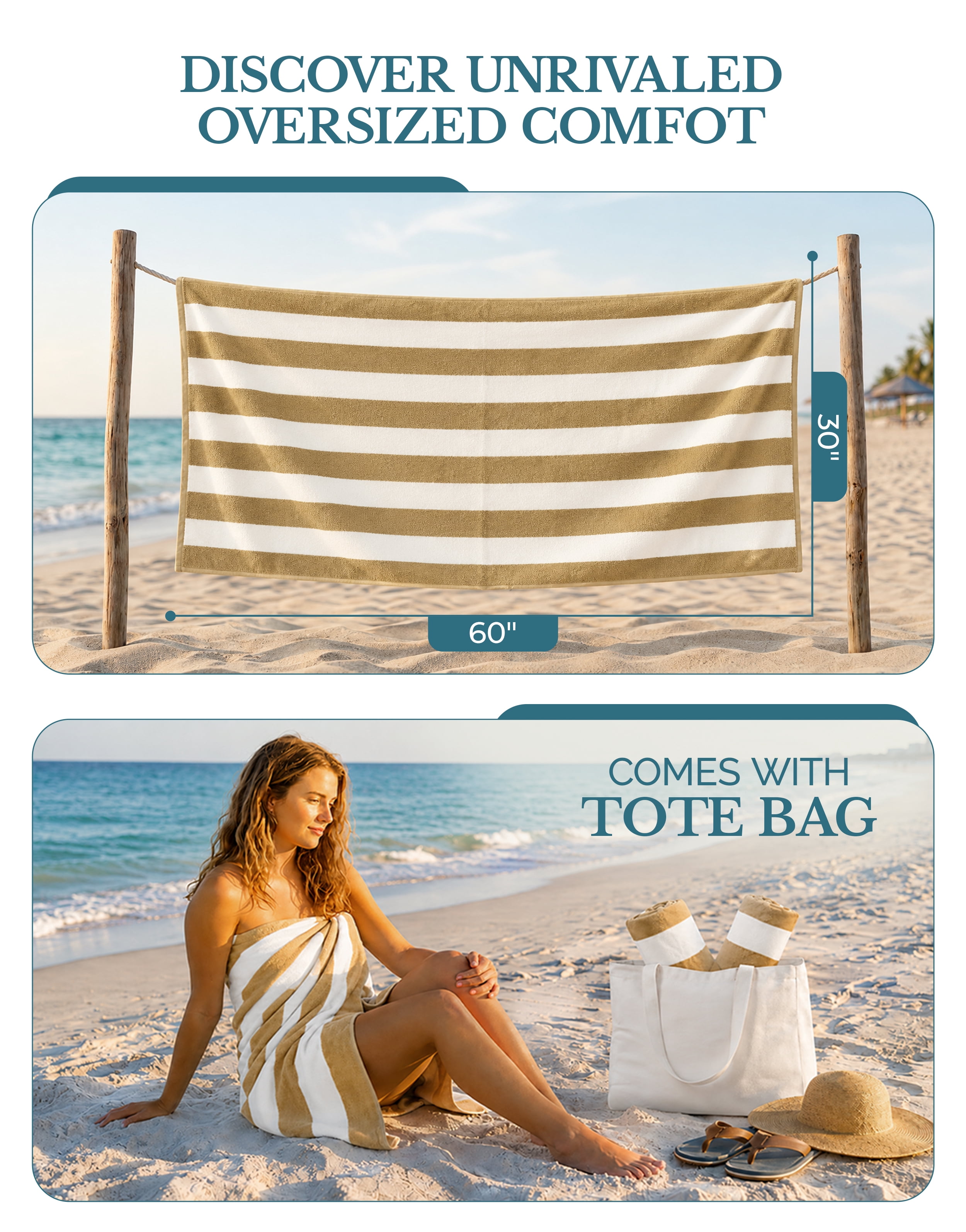 Casa Platino Turkish Beach Towel Set of 4 - 100% Cotton Cabana Striped Beach Towels For Adults (30" x 60”), Lightweight Quick Dry for Swimming, Travel and Outdoor Use - Biege