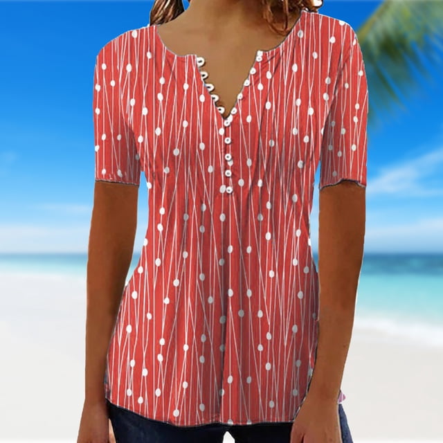 Camisas De Mujer Camiseta con botones de primavera y verano, camisetas con estampado de puntos a rayas para mujer, tallas grandes (rojo S) Ygjytge para Mujer Rojo T S