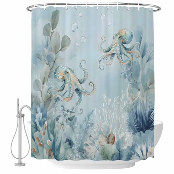 Coastal Blue Octopus Fabric Shower Curtain Summer Nautical Ocean Beach Corals Washable Shower Curtains for Bathroom, Waterproof Bath Curtain with Hooks Home Decor 72x72in