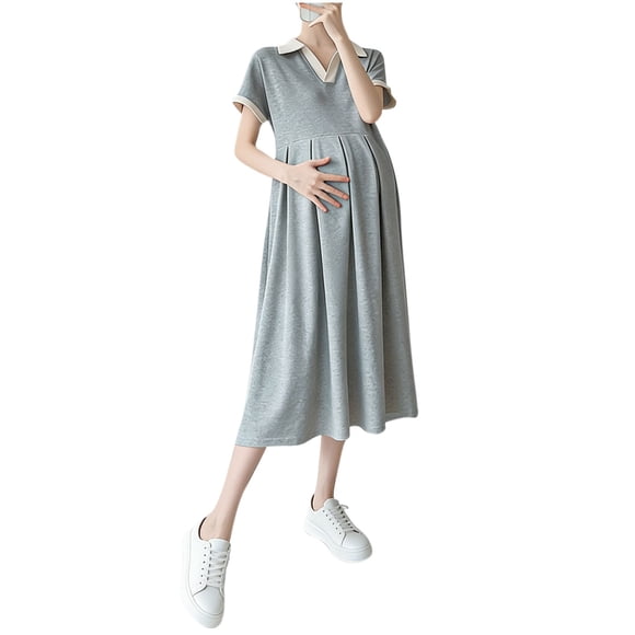 Wo-Fusoul Robe de Maternité pour Femmes, Manches Courtes à Revers Coupe Ample Décontractée Confortable Couleur Unie, Robe de Grossesse