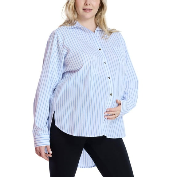 Large Motherhood Maternity Women's Button Down Poplin Long Sleeve Pregnancy Shirt, White Blue Stripe