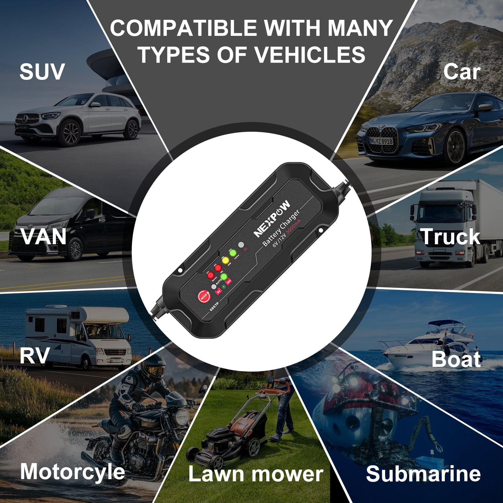 NEXPOW Car Battery Charger, 5A 6V/12V Smart Trickle Charger with Force Charge Mode, Battery Maintainer for Car, Motorcycle, Truck