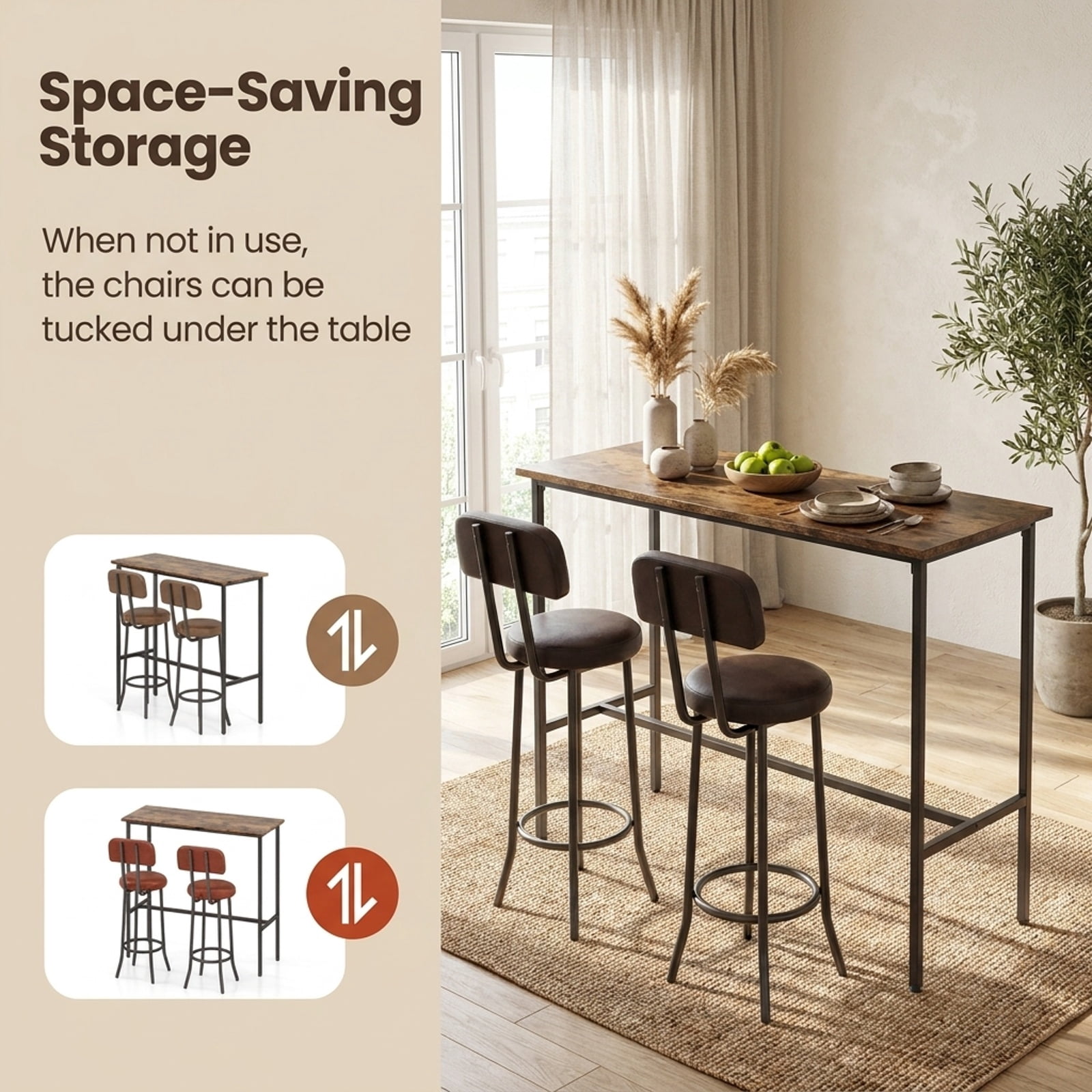 Furnibear 3-Piece Industrial Bar Table Set with 2 Upholstered Stools and Footrests for Dining Room for Kitchen Dining Room Breakfast, Rustic Brown