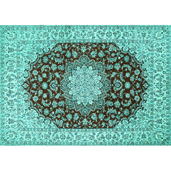 Ahgly Company Machine Washable Indoor Rectangle Medallion Turquoise Blue Traditional Area Rugs, 2' x 5'
