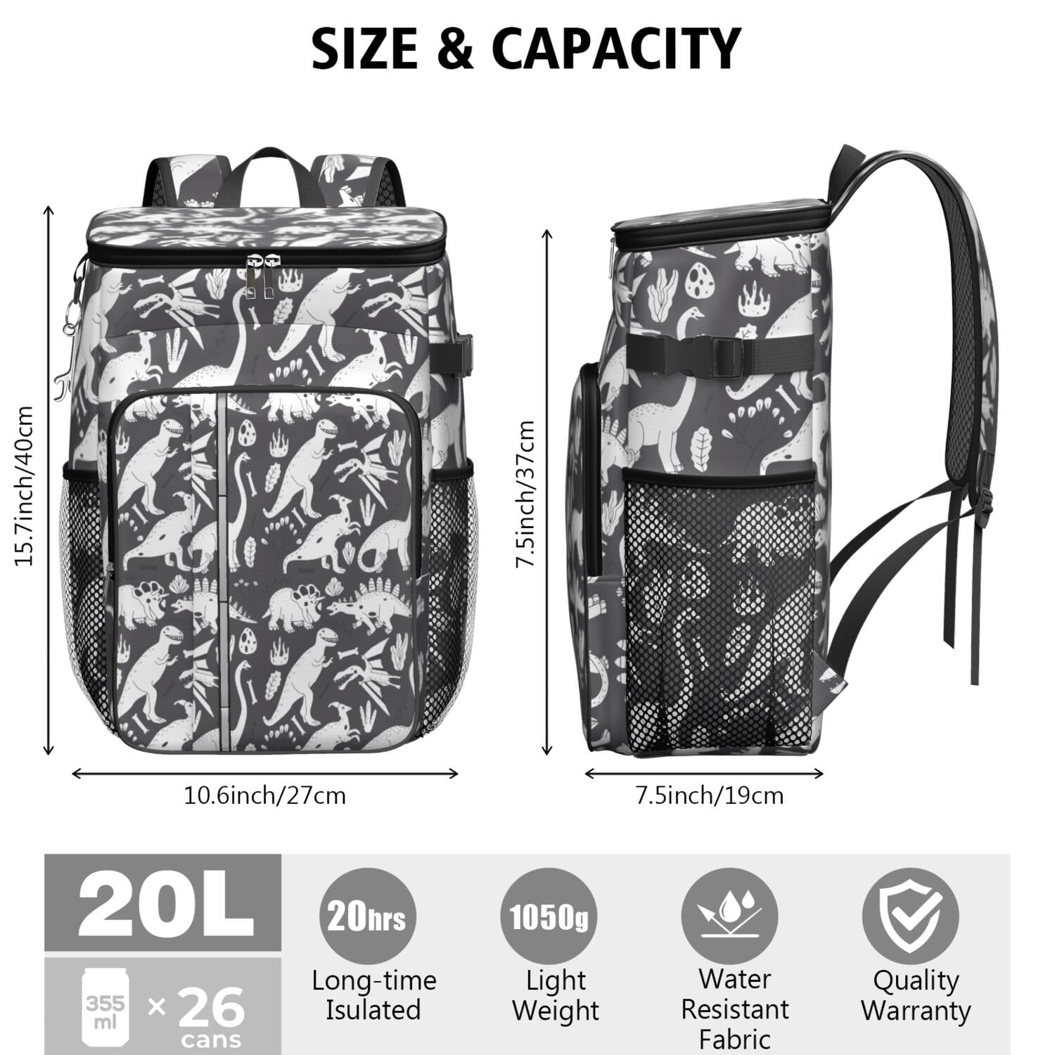 Travel Cooler Bag - Black and White Dinosaur Pattern Camping Beer Cooler Backpack with Bottle Opener- Waterproof Insulated Picnic Backpacks - Cooler Bag for Beach