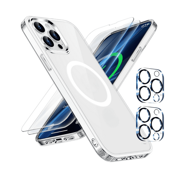 5-in-1 Entronix Bundle for iPhone 12 Pro Max, Magnetic Clear Case 2 Screen Protector 2 Camera Lens Protector