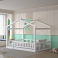 thumbnail image 1 of Tamaño completo cama de madera casa cama marco con cerca, para niños, adolescentes, niñas, niños, 1 of 5