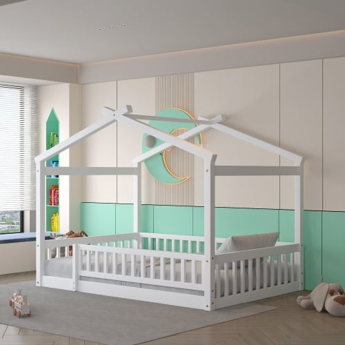 Tamaño completo cama de madera casa cama marco con cerca, para niños, adolescentes, niñas, niños