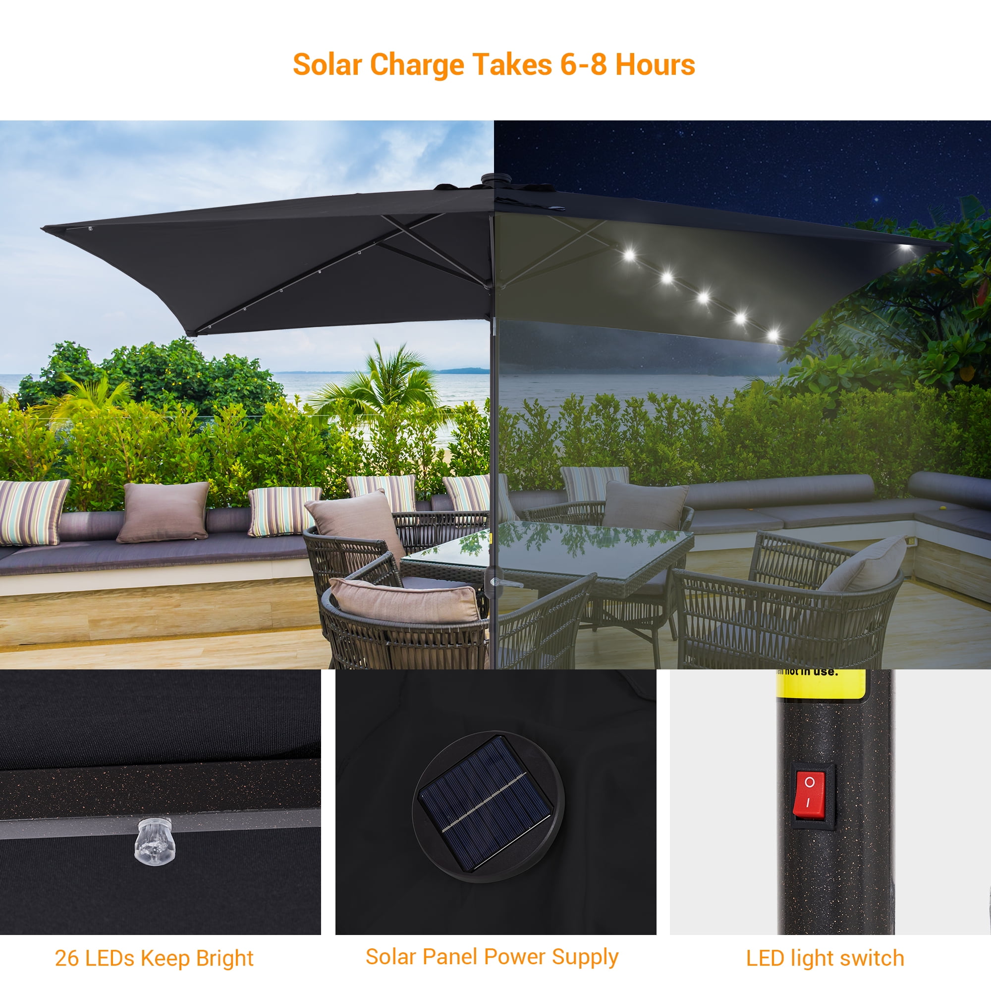 ACEGOSES 10 x 6.5ft LED Rectangle Outdoor Patio Deck Market Outside Table Umbrellas with Non-Fading Polyester canopy,Black