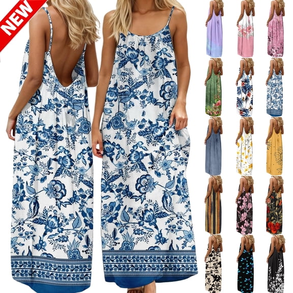 Tqyyweavej Plus Size Backless Cami Dress for Women Print Flowy Sleeveless Maxi Dress Spaghetti Strap Loose Summer Loungewear Dress