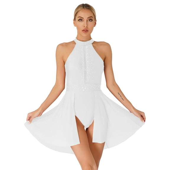 Nyeemya Womens Glittery Lyrical Dance Dress Halter Neck Ballet Dancewear Flowy Figure Skating Dresses White XL