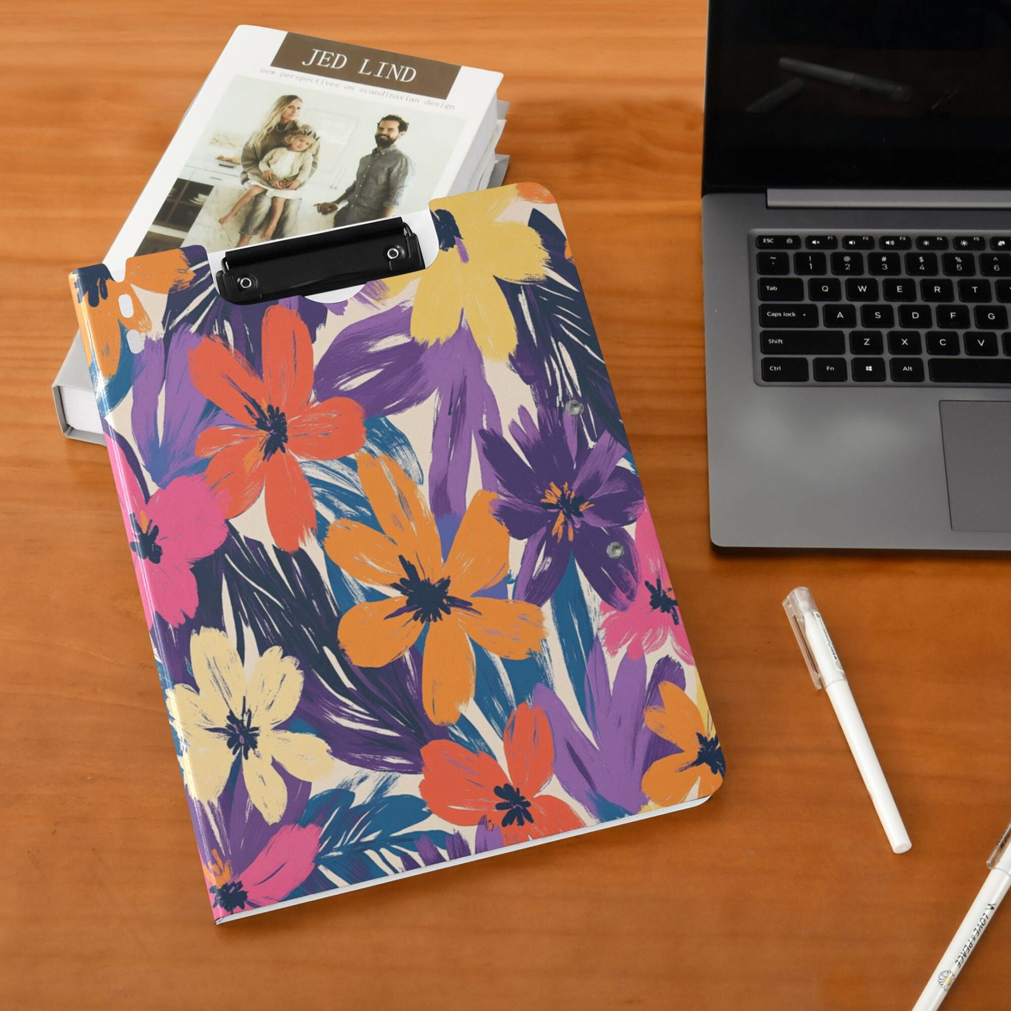 FORMRS A4 Clipboard Folder with Pen Holder Horizontal Foldable School Office Binder, Colorful Painted Flowers Pattern
