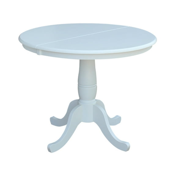 36" Round Solid Wood Pedestal Dining Table With 12" Extension Leaf in White by International Concepts