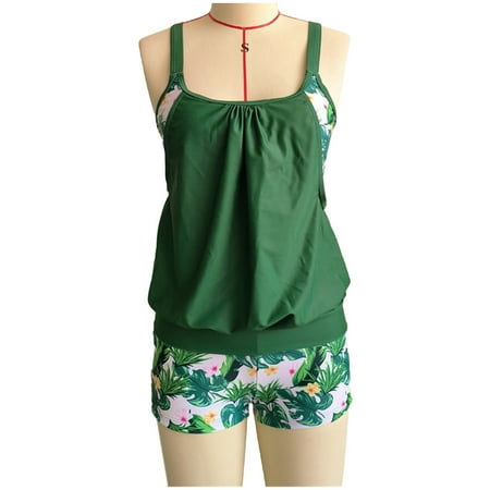 SELONE Tankini Bathing Suits for Women 2 Piece Tankini Plus Size Coverup Skirt Large Bust Full Coverage Hawaiian Flower Print Conservative with Boyshorts Beach Beachwear Fashion Swimsuits Green L