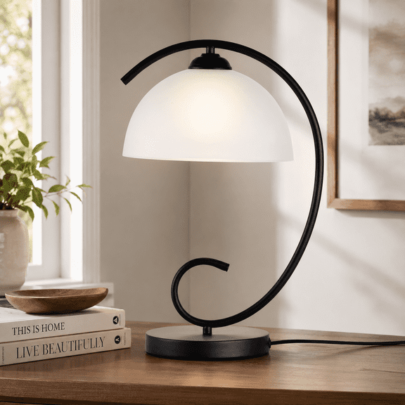 Modern Bedside Table Lamp with Frosted Glass Shade, Black Metal Base, Elegant Nightstand Lamp for Bedroom, Living Room or Office