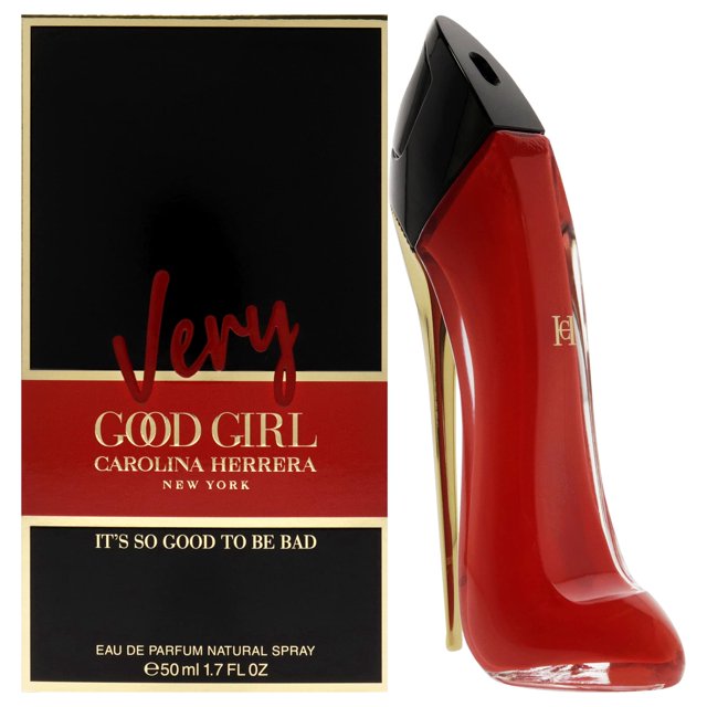 perfume carolina herrera very good girl edp 50 ml para mujer Botella en forma de tacón rojo con tacón dorado y tapa negra junto a su caja negra y roja; fragancia floral y afrutada con notas altas de litchi y grosella, corazón de rosa y fondo de vainilla y vetiver, indicada para primavera/verano.