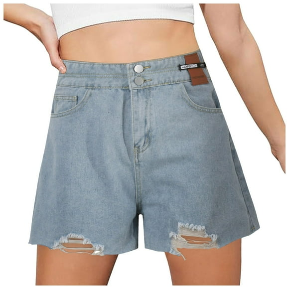 Women's Lightweight Jeans Shorts Casual Denim Fashion Solid Color Irregular Edge High Waist Fitting Straight Leg Loose with Pockets Shorts for Summer Casual